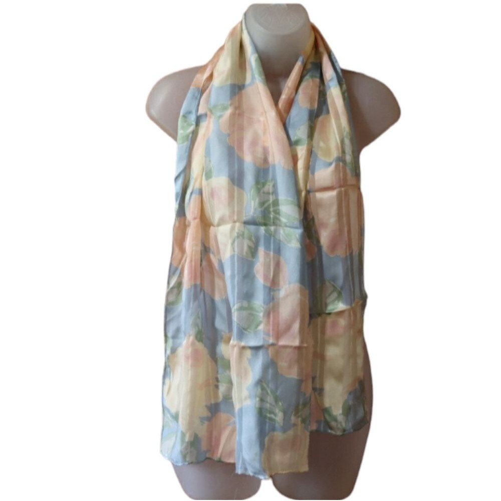 Echo Vintage Floral Print Soft Pastel Watercolors Long Scarf Blue, Peach Cream